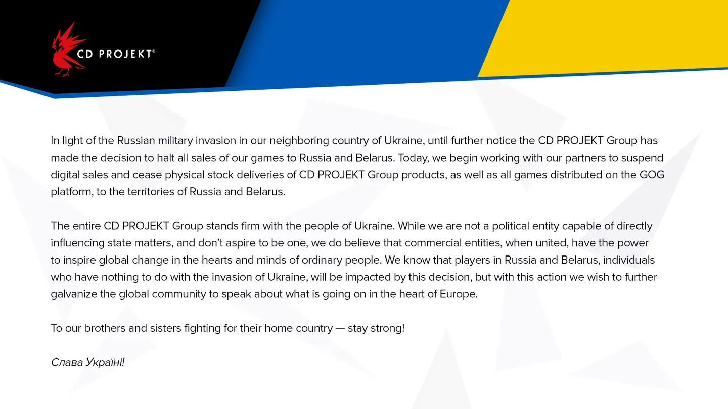 波兰开发商 CDPR 停止在俄罗斯和白俄罗斯销售游戏