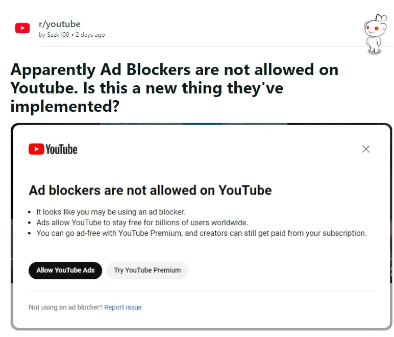 YouTube正测试屏蔽“广告拦截器”