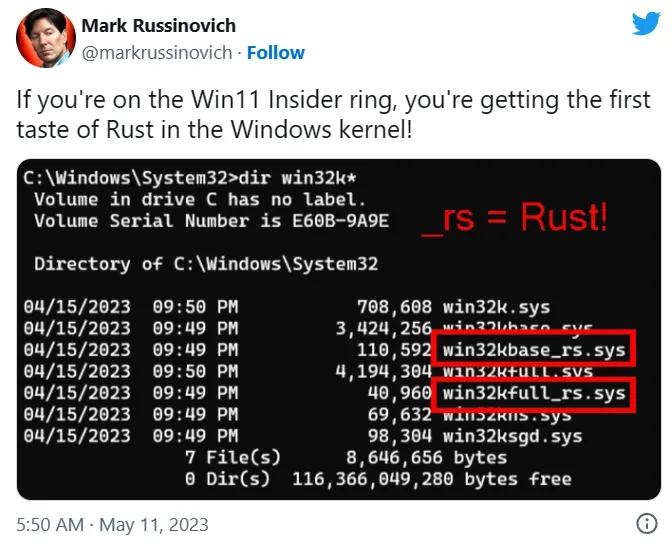 微软兑现承诺Rust代码进入Win11内核