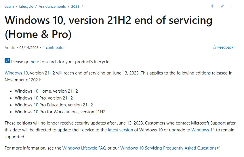 微软宣布终止Win10 21H2版本服务