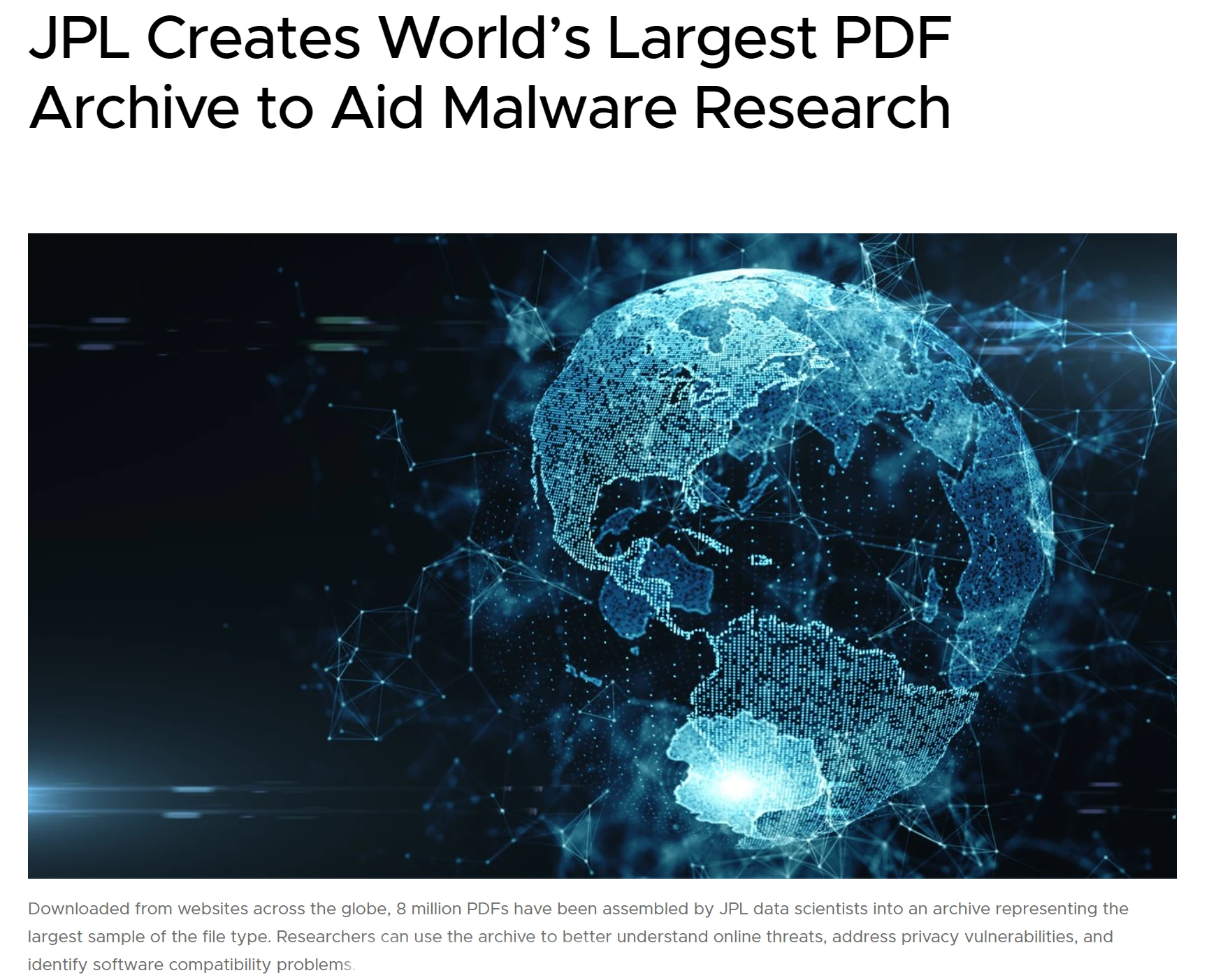 美国宇航局JPL创建全球最大PDF文档库，用于研究恶意软件