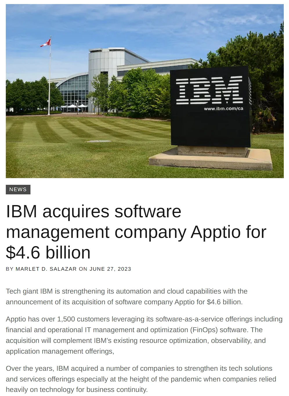 IBM宣布收购FinOps软件巨头Apptio
