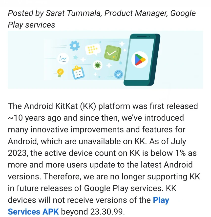 谷歌宣布Google Play将停止对Android 4.4的支持