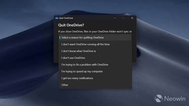 微软再出花式调查：关闭OneDrive应用前，需回答提问