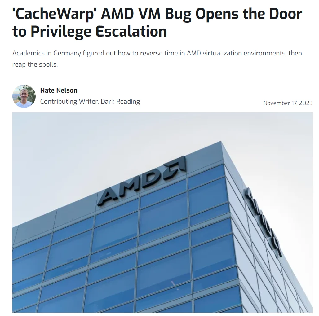 AMD前3代EPYC处理器曝出CacheWarp漏洞