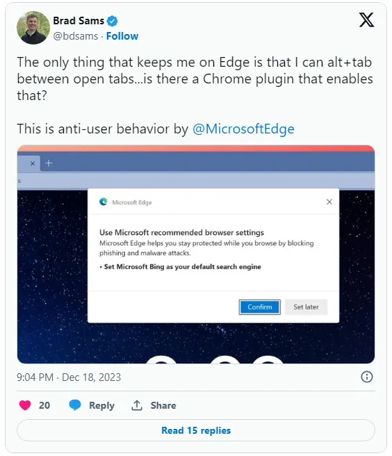 微软惹恼Edge用户：弹窗推荐其切换到Bing搜索引擎