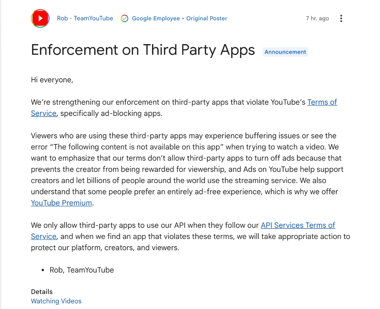 YouTube继续打击广告拦截器，包括第三方应用程序