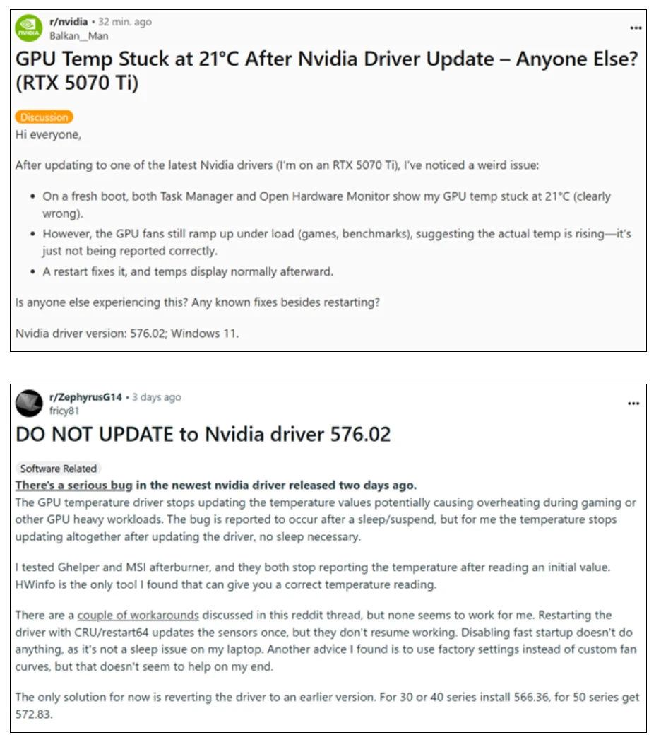 NVIDIA 576.02驱动一堆新Bug 显卡温度异常