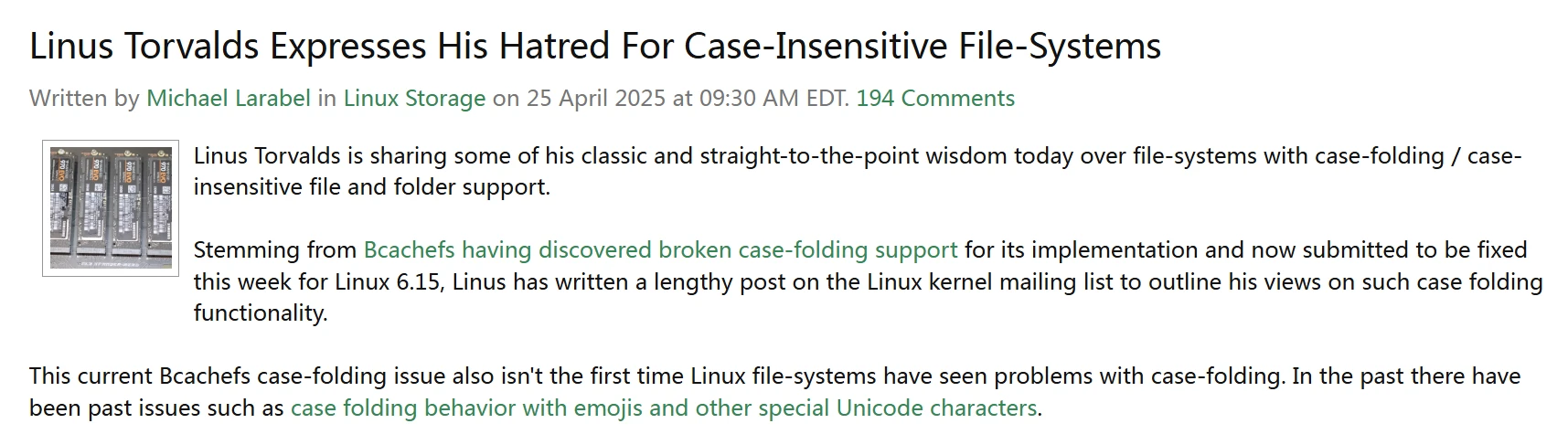 “Linux 之父”怒批：文件系统大小写不敏感是天大错误