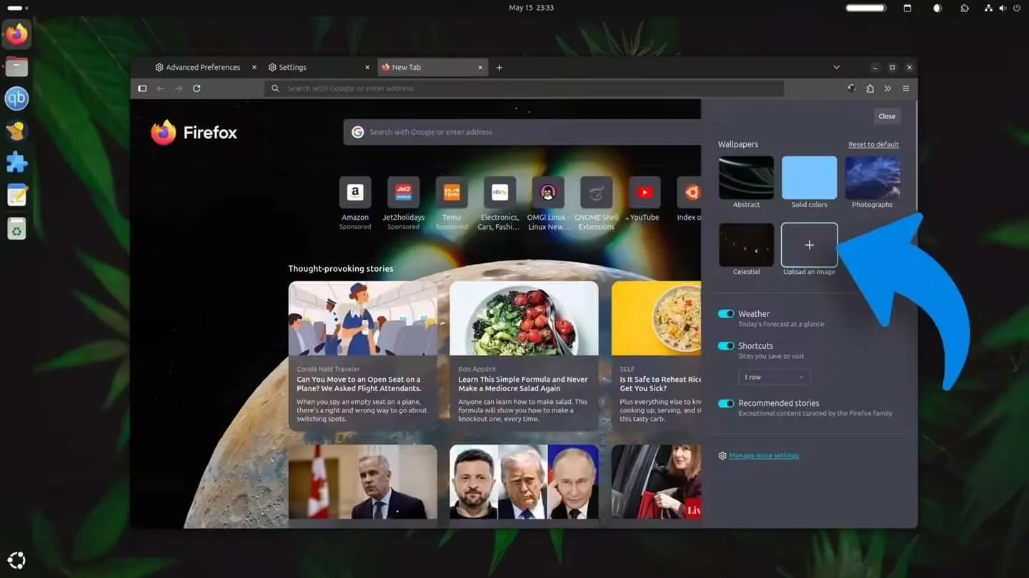 火狐 Firefox 浏览器 138 新特性：新标签页背景支持上传图片定制