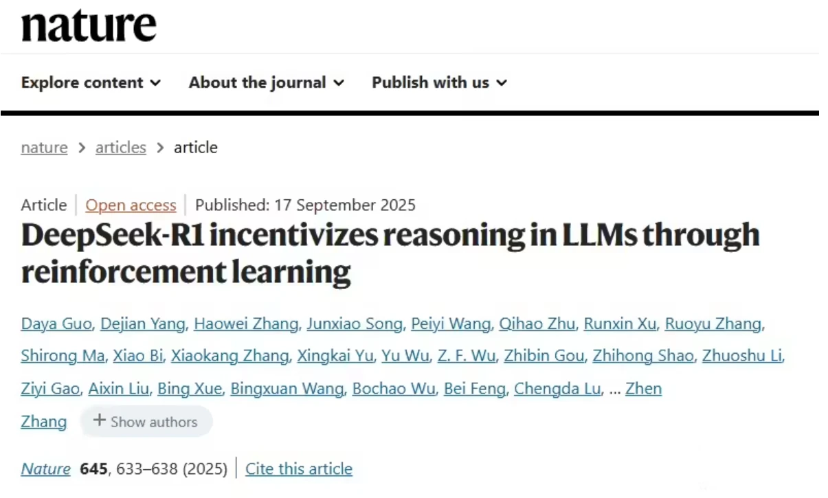DeepSeek-R1 论文登上《自然》封面，通讯作者为梁文锋