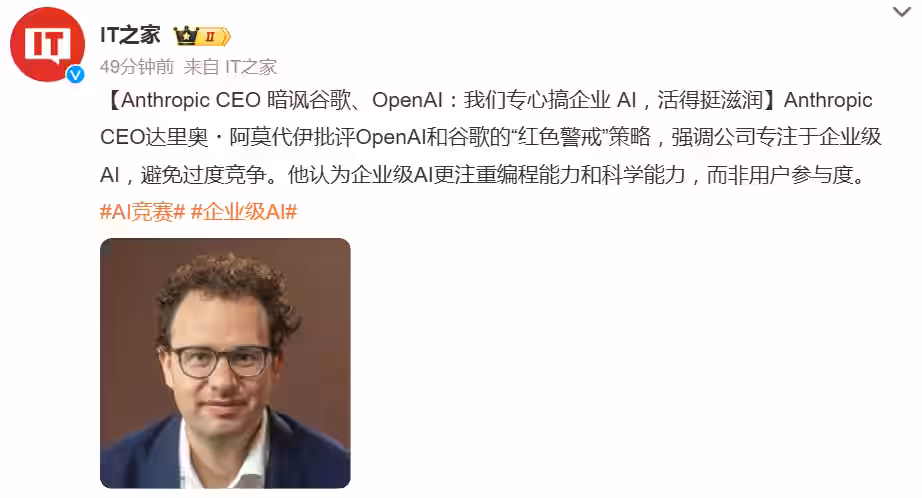 Anthropic CEO 暗讽谷歌、OpenAI：我们专心搞企业 AI，活得挺滋润