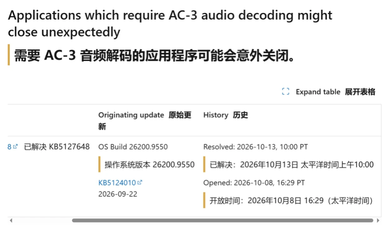 微软KB5127648补丁修复AC-3音频解码导致的Win11应用崩溃问题