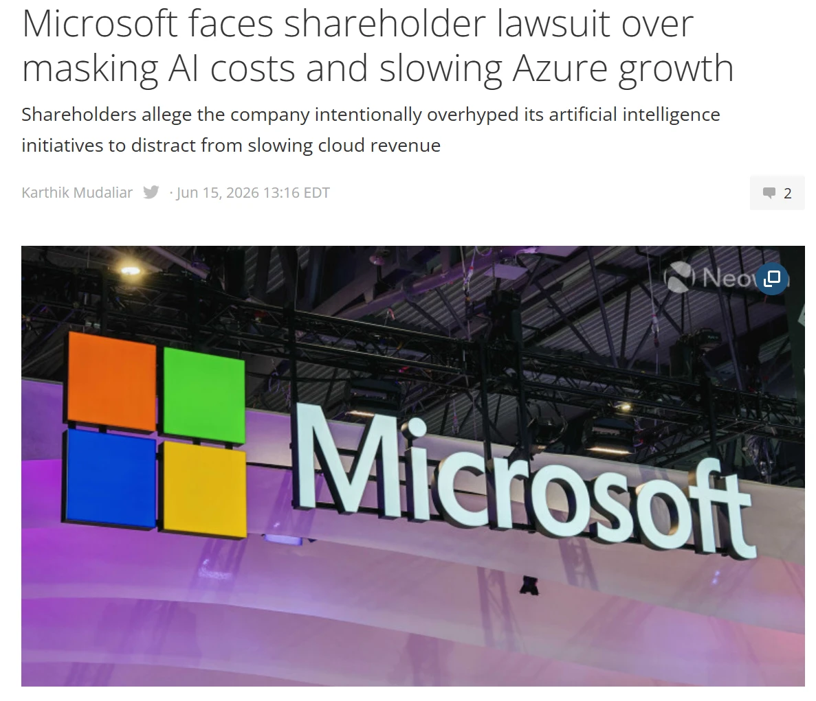 微软遭股东集体诉讼：被控淡化 AI 基础设施成本，掩盖 Azure 增速放缓
